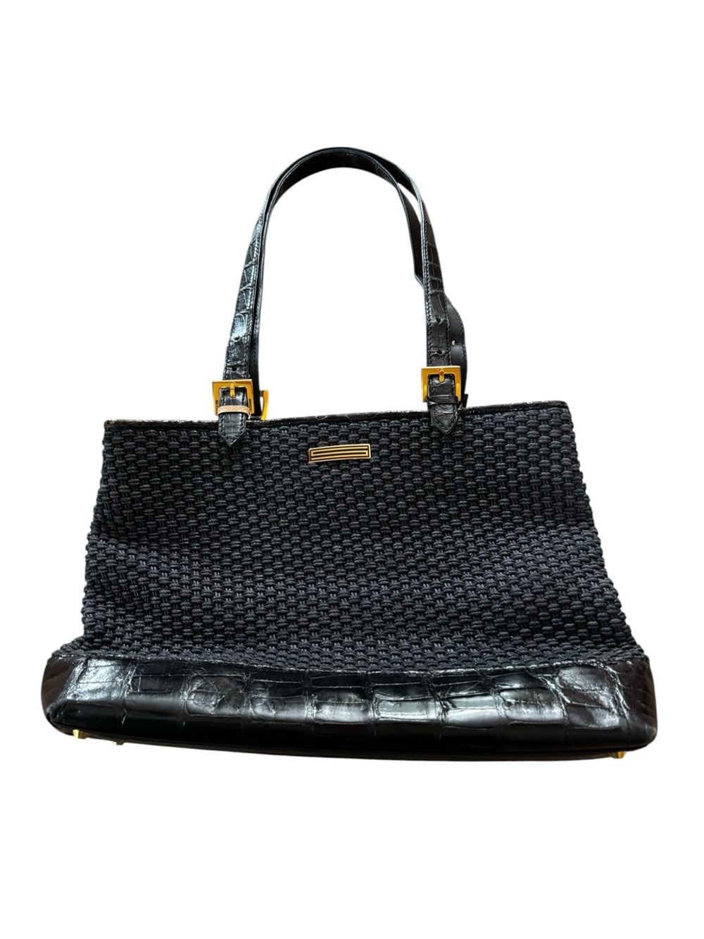 Vint Suarez Black Woven Mesh With Croc Embossed Leather Trim Shoulder Bag